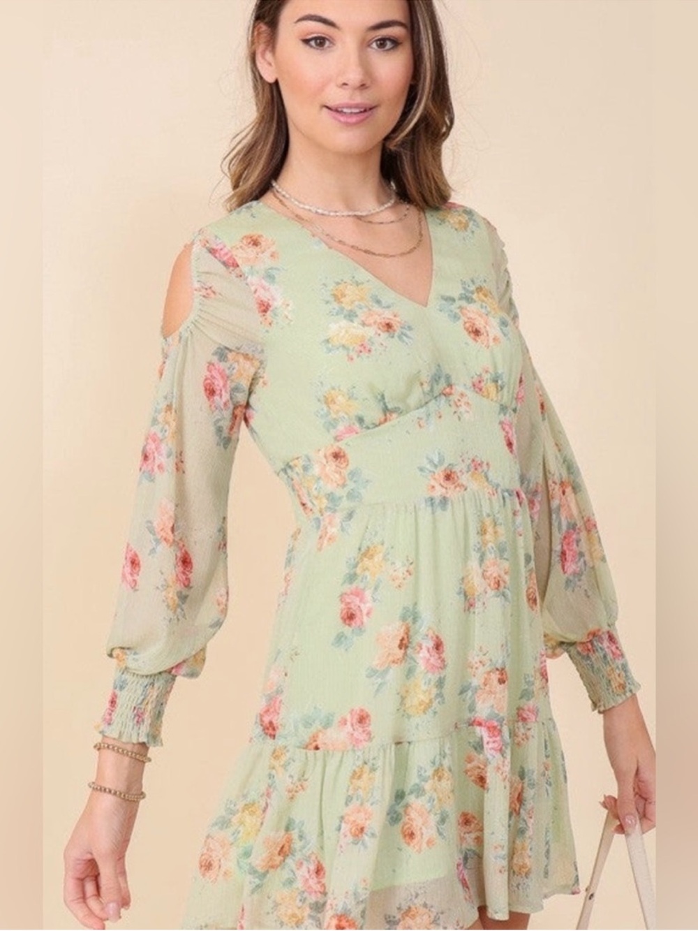 Floral V-Neck Green Mini Dress - Picture 3 of 7